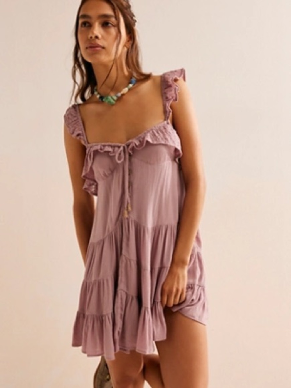 Free People Mauve Ruffle-Trim Mini Dress